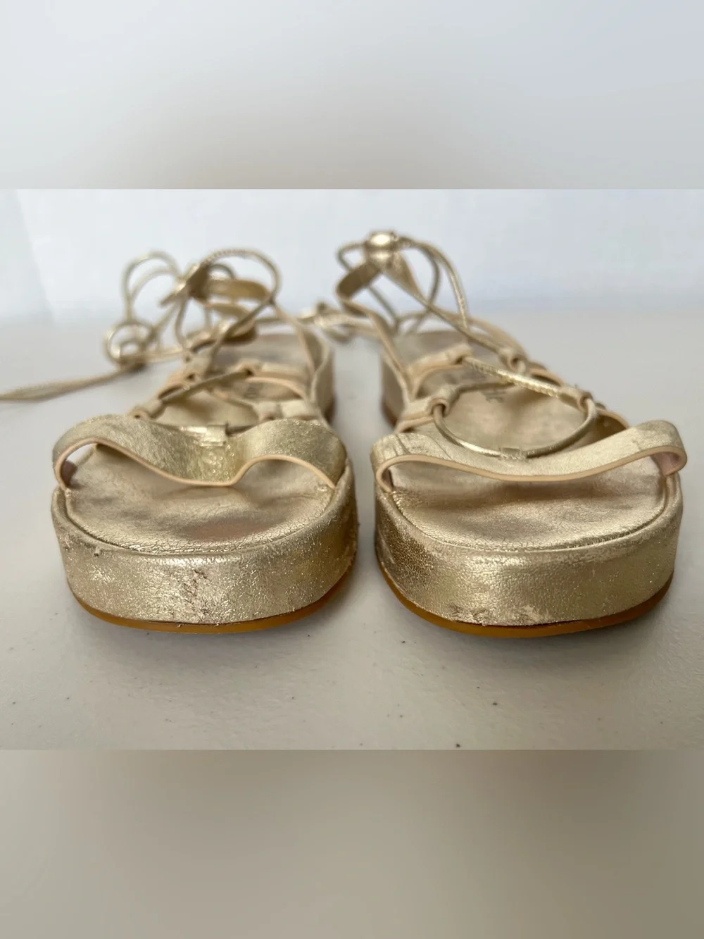 Kate Spade Serena Strappy Sandals Pale Gold Leather Lace Up Gladiator 7B